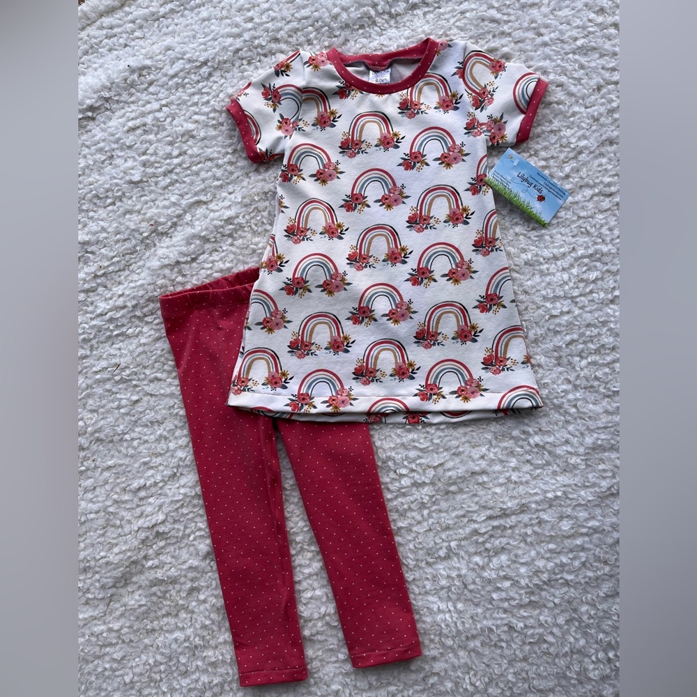 Handmade Rainbow Print Dress NWT with Floral Polka dot Leggings Set